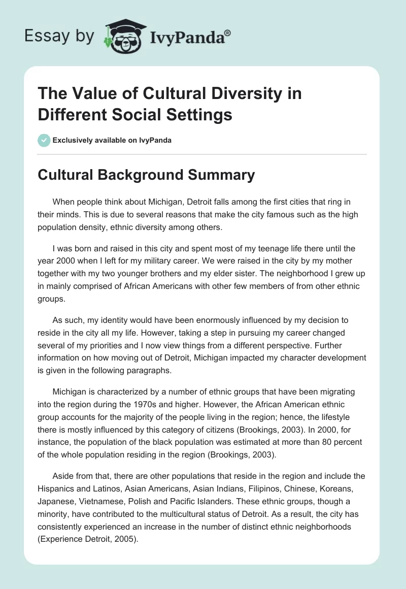 The Value of Cultural Diversity in Different Social Settings. Page 1