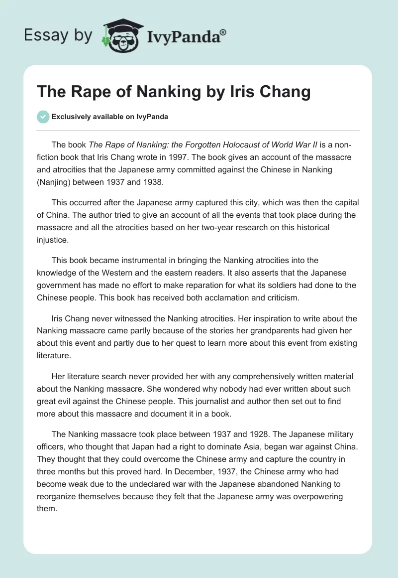 "The Rape of Nanking" by Iris Chang. Page 1