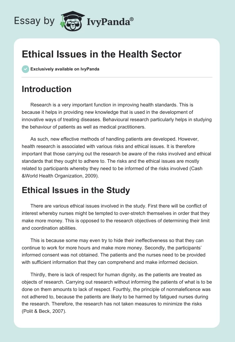 Ethical Issues in the Health Sector. Page 1
