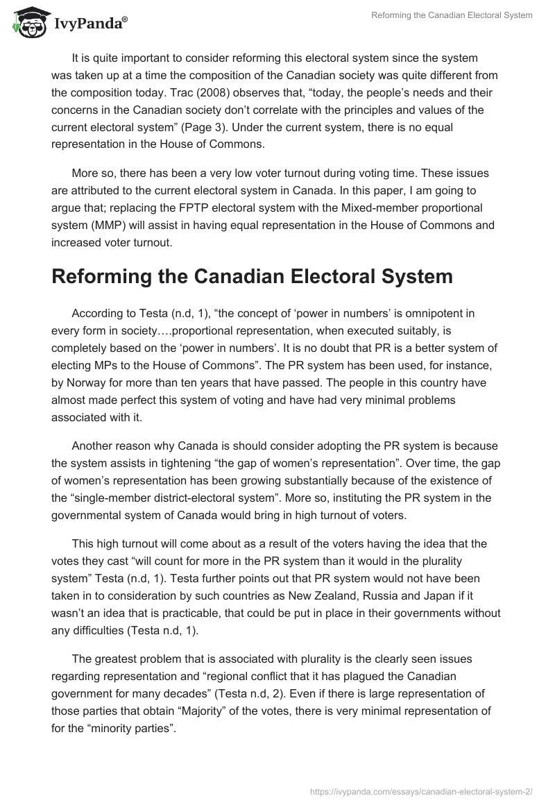 Reforming the Canadian Electoral System. Page 2