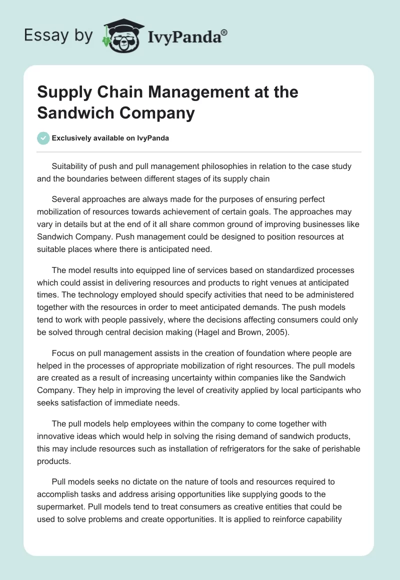 Supply Chain Management at the Sandwich Company. Page 1