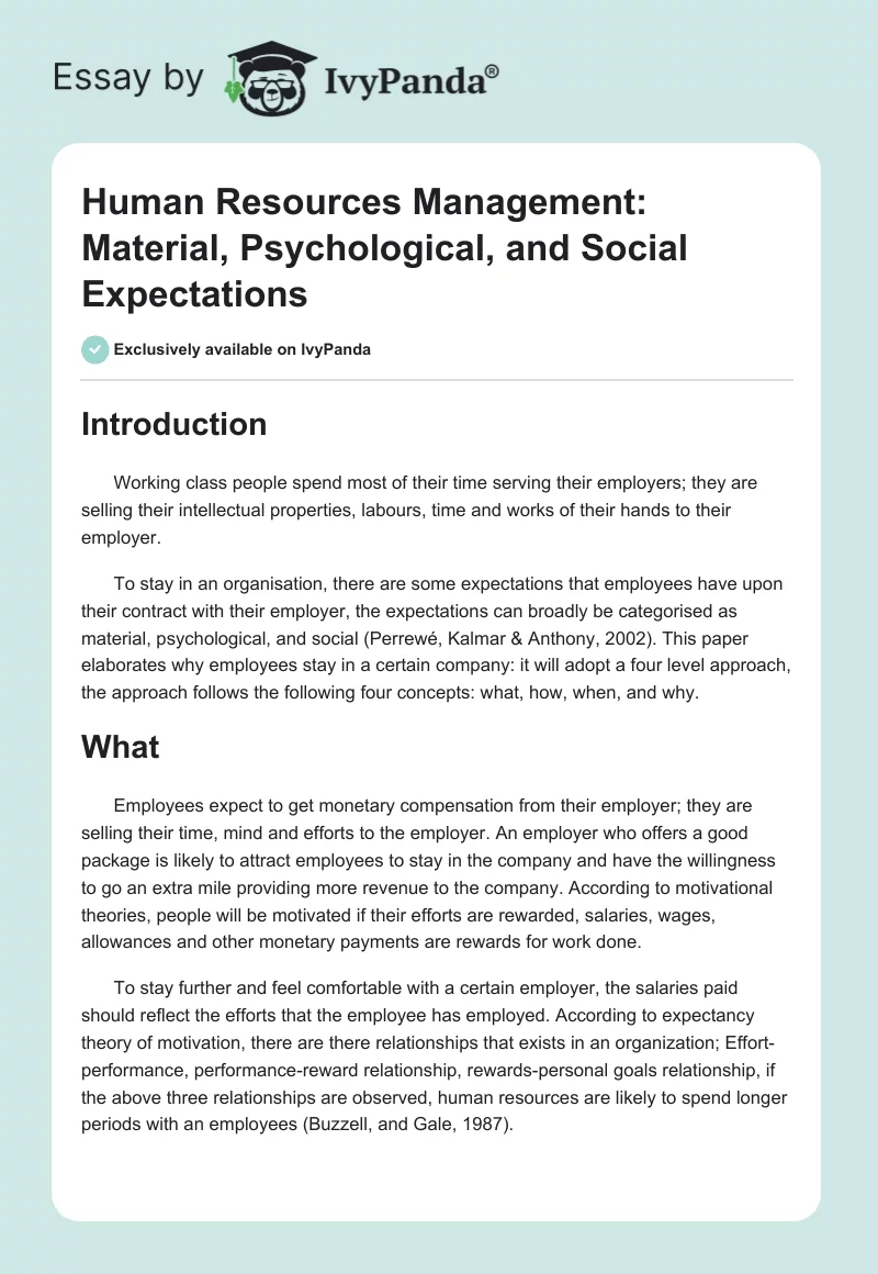 Human Resources Management: Material, Psychological, and Social Expectations. Page 1