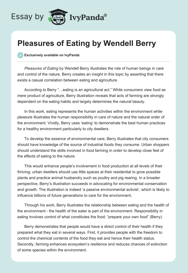 Pleasures of Eating by Wendell Berry. Page 1