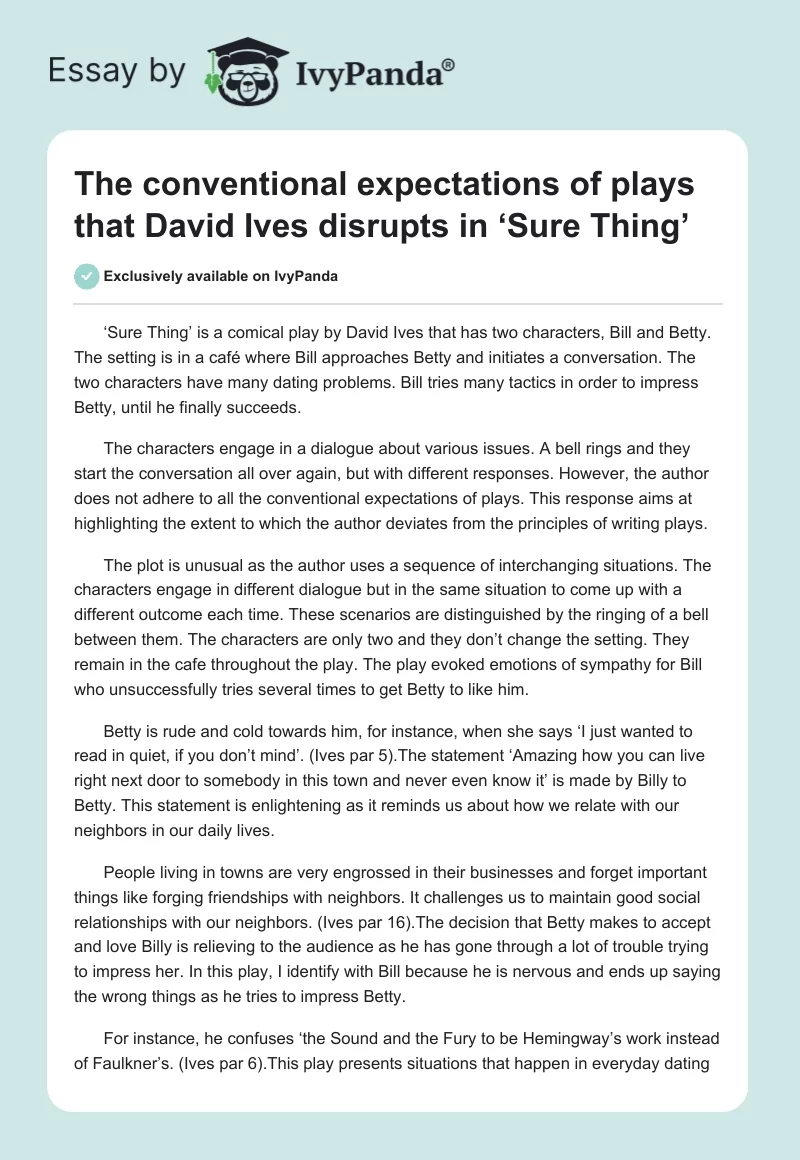 The conventional expectations of plays that David Ives disrupts in ‘Sure Thing’. Page 1