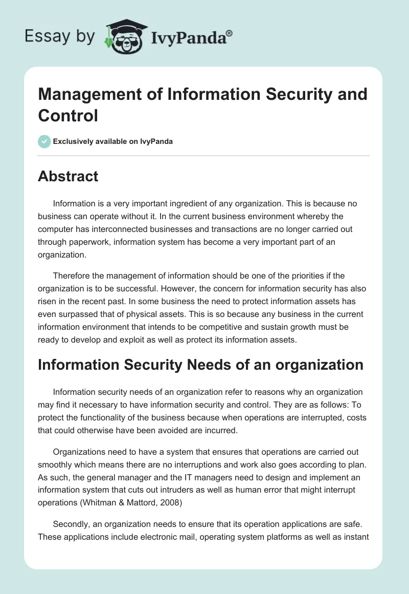 Management of Information Security and Control. Page 1