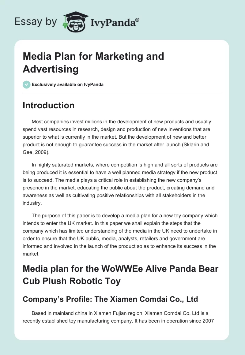 Media Plan for Marketing and Advertising. Page 1