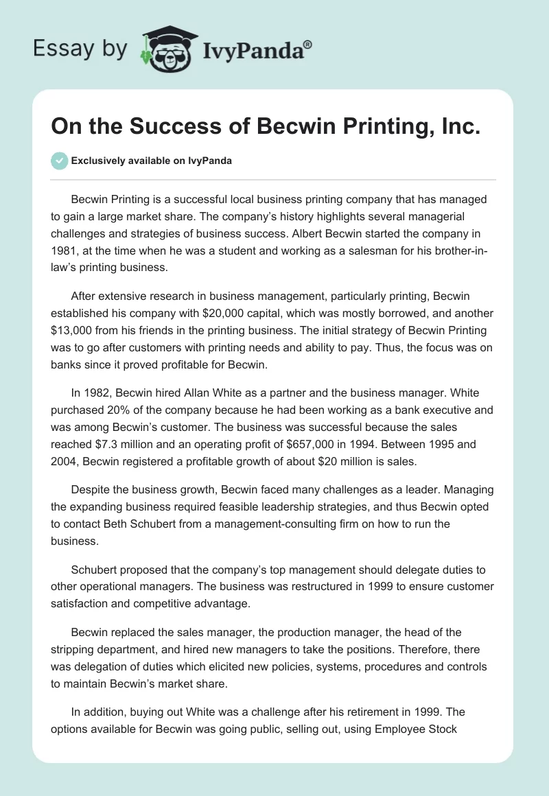 On the Success of Becwin Printing, Inc.. Page 1