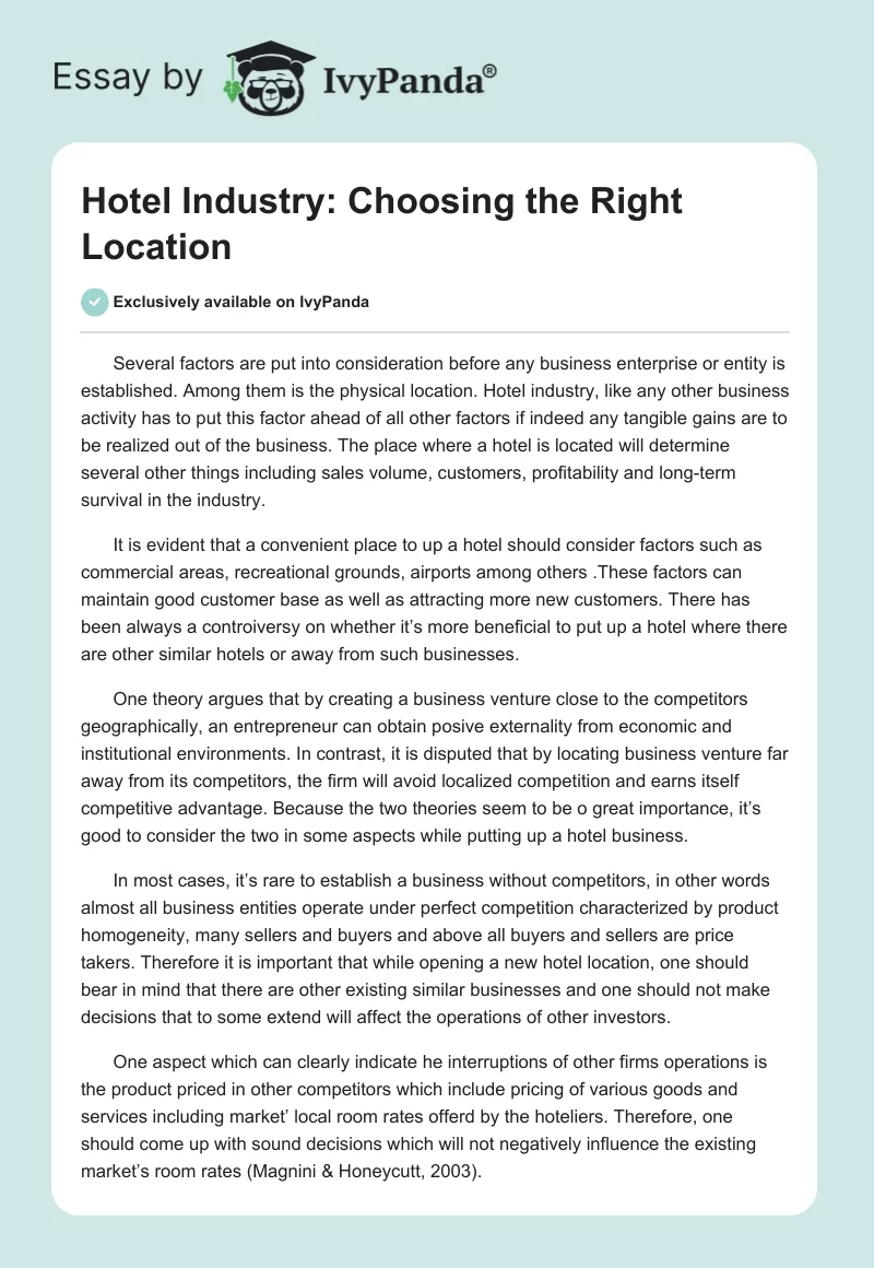 Hotel Industry: Choosing the Right Location. Page 1