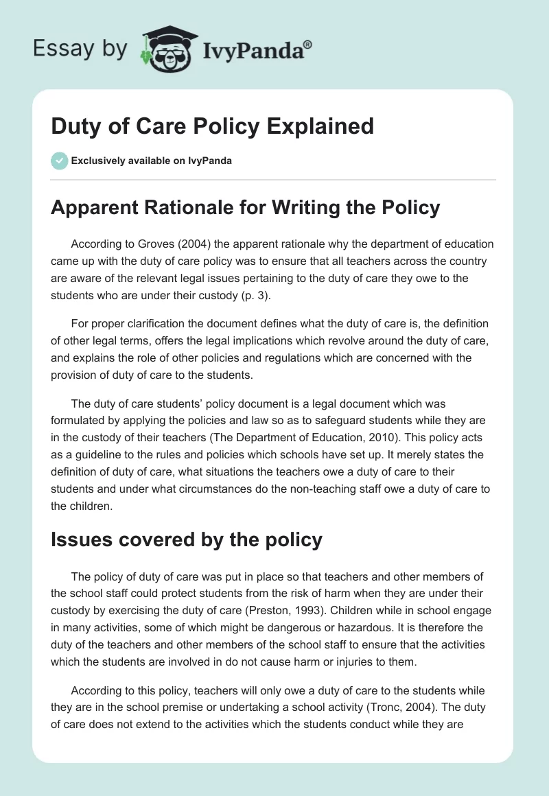 Duty of Care Policy Explained. Page 1