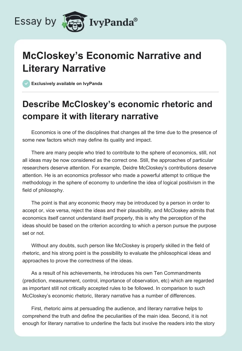 McCloskey’s Economic Narrative and Literary Narrative. Page 1