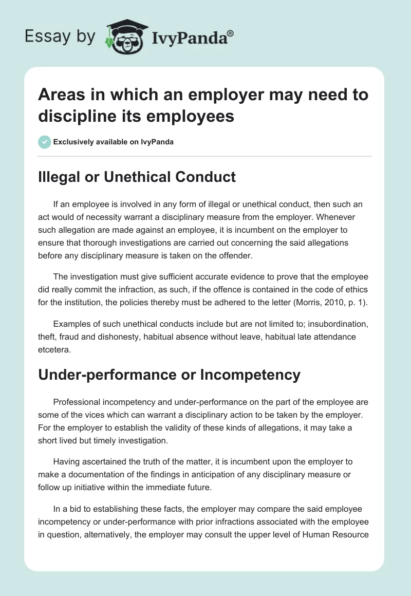 Areas in which an employer may need to discipline its employees. Page 1