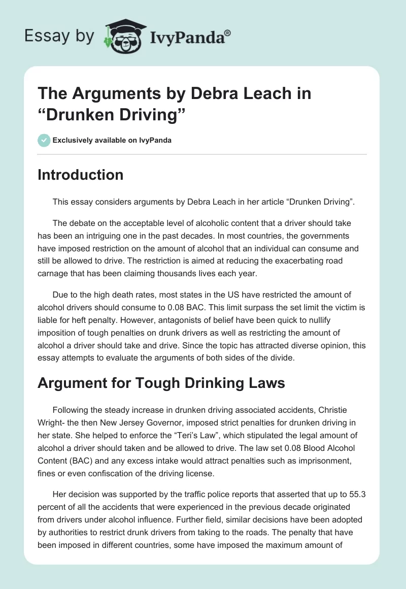 The Arguments by Debra Leach in “Drunken Driving”. Page 1