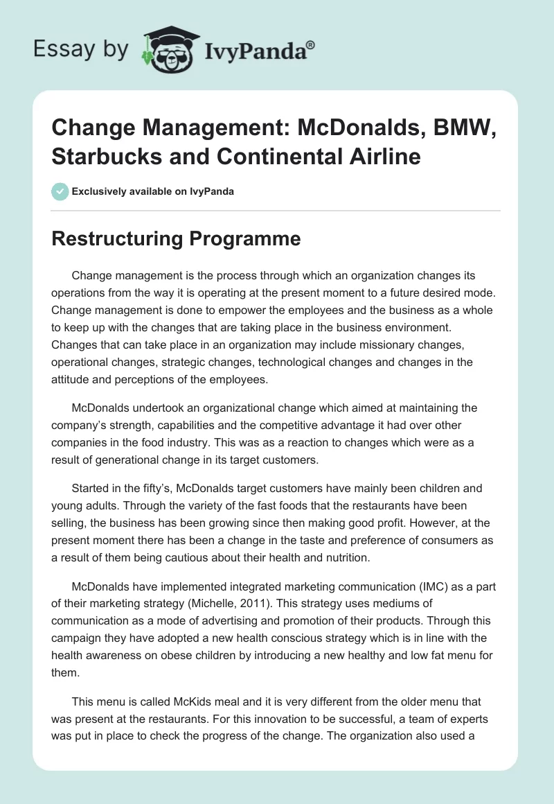 Change Management: McDonalds, BMW, Starbucks and Continental Airline. Page 1