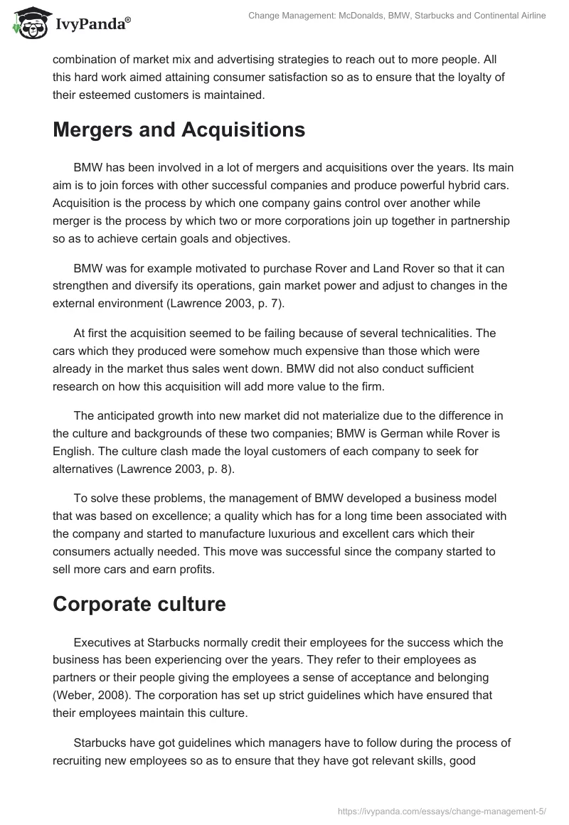 Change Management: McDonalds, BMW, Starbucks and Continental Airline. Page 2