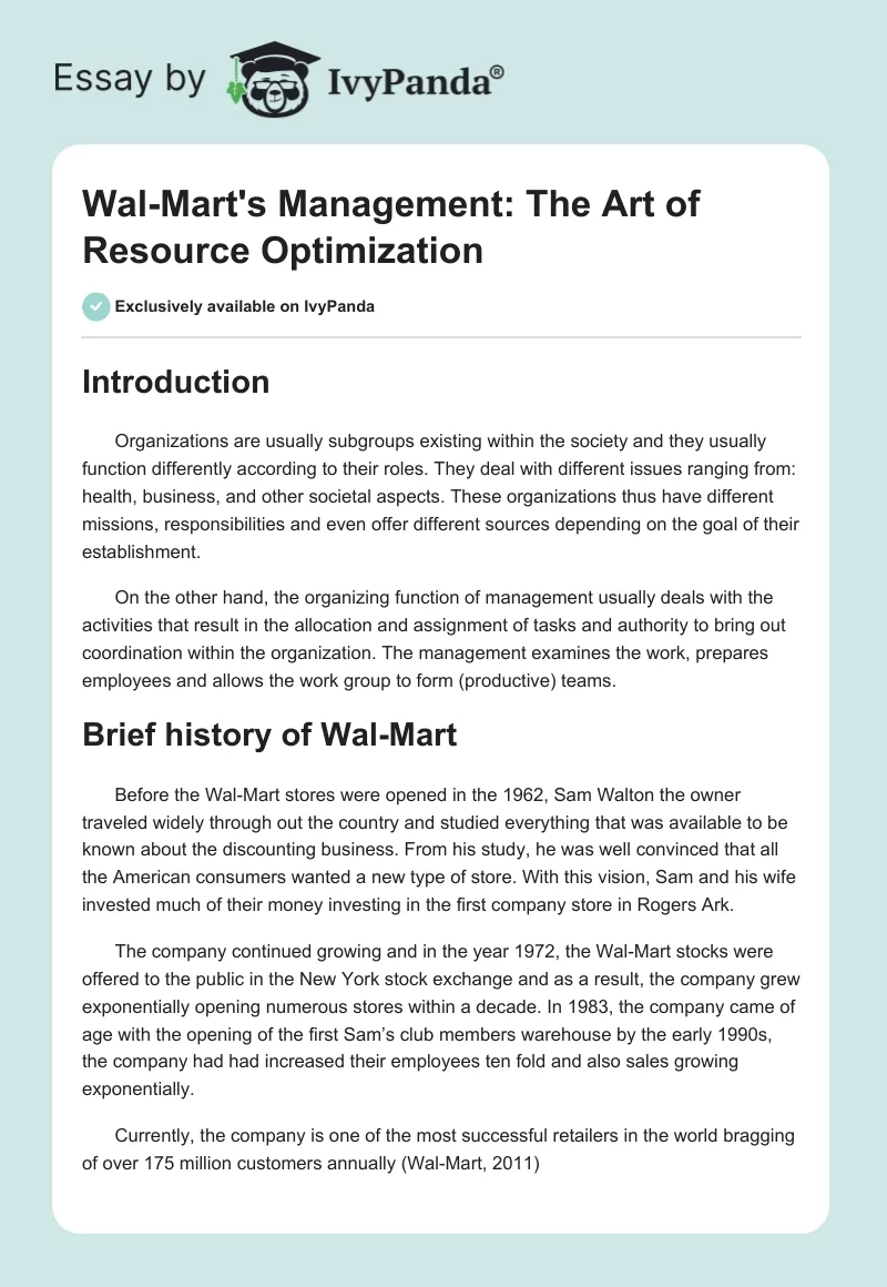 Wal-Mart's Management: The Art of Resource Optimization. Page 1