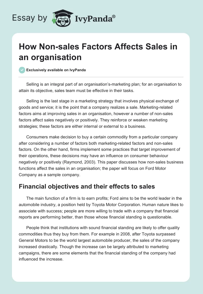 How Non-Sales Factors Affect Sales in an Organisation. Page 1