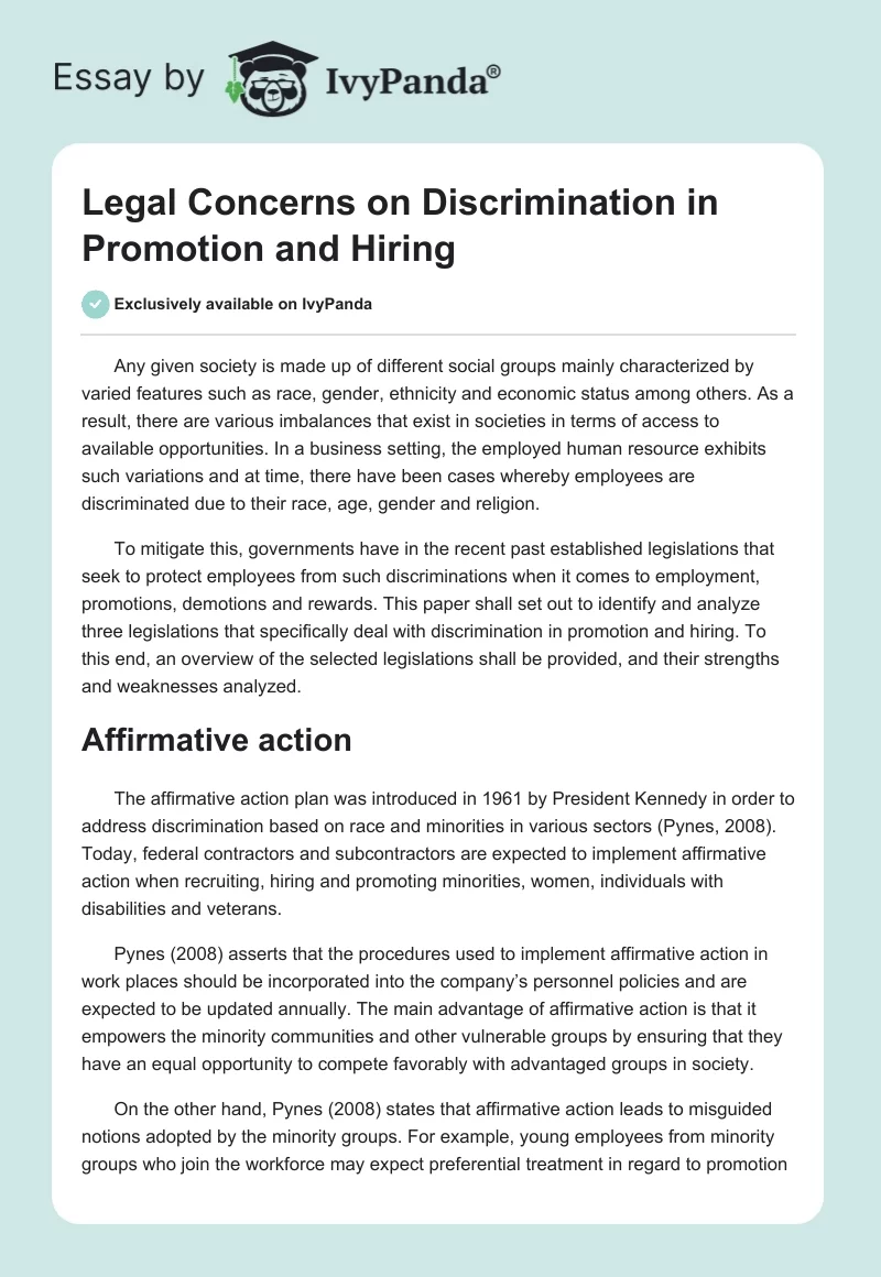 Legal Concerns on Discrimination in Promotion and Hiring. Page 1