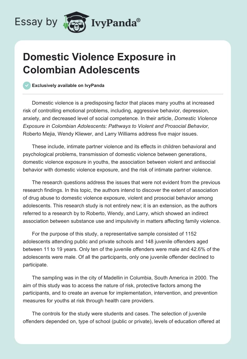 Domestic Violence Exposure in Colombian Adolescents. Page 1