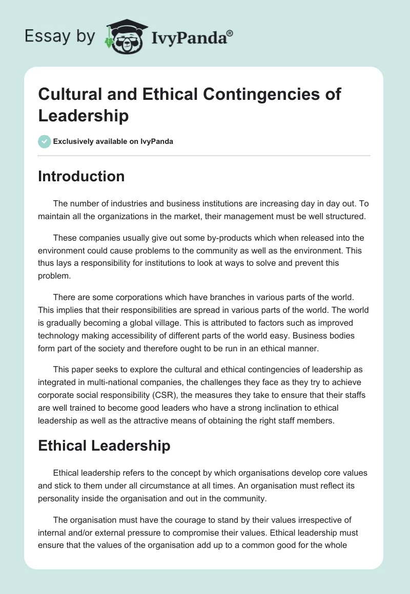 Cultural and Ethical Contingencies of Leadership. Page 1