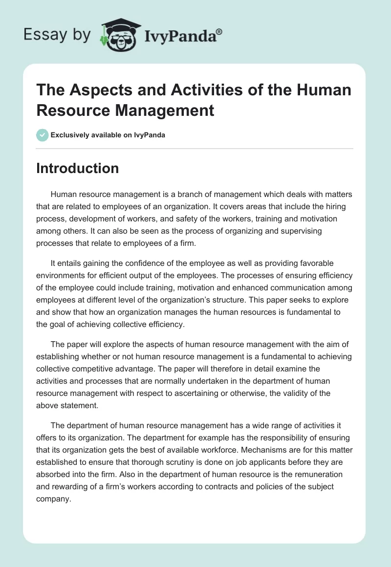 The Aspects and Activities of the Human Resource Management. Page 1