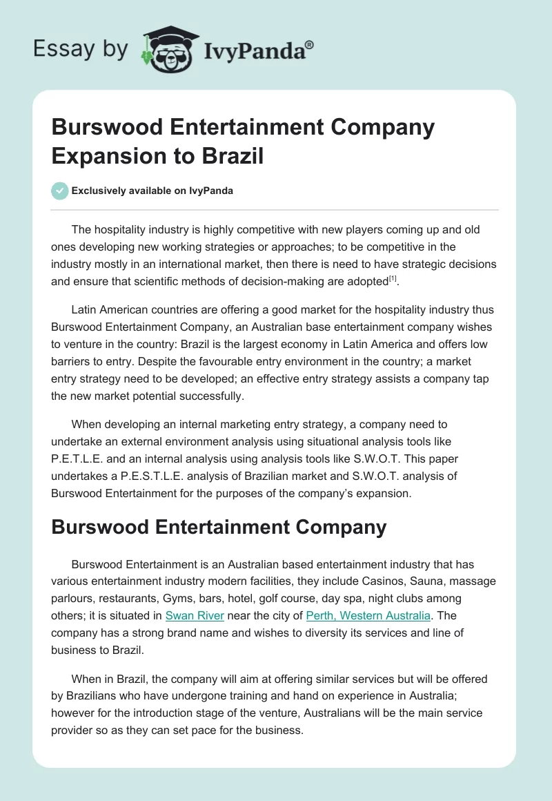 Burswood Entertainment Company Expansion to Brazil. Page 1