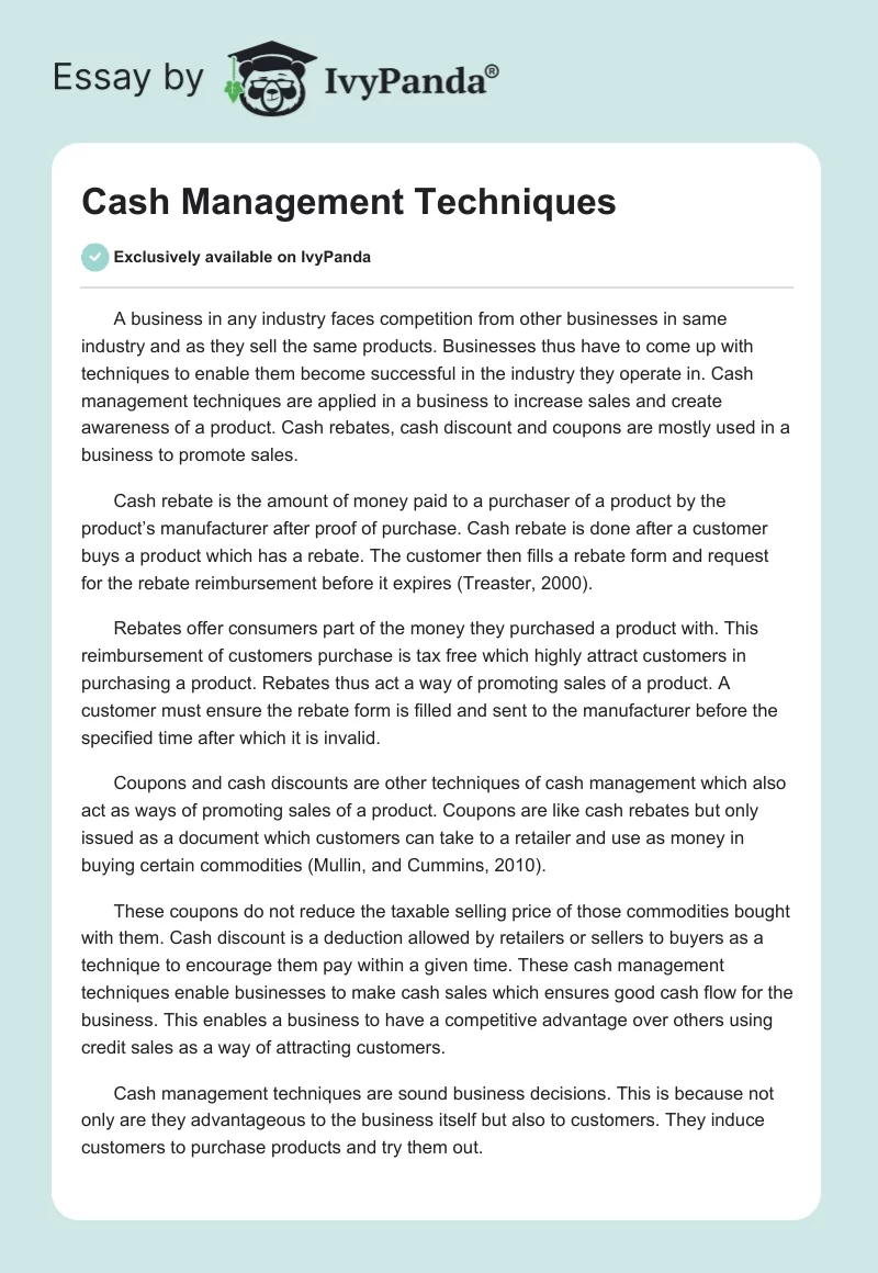 Cash Management Techniques. Page 1