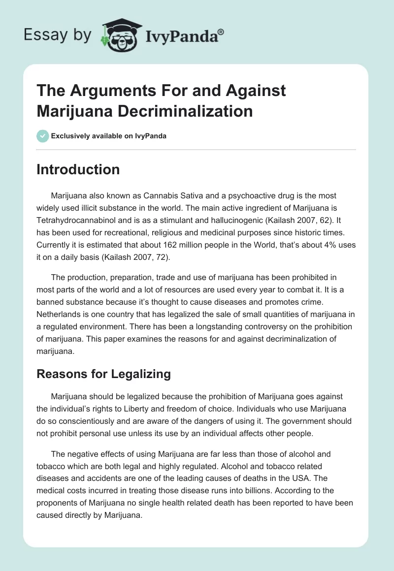 The Arguments For and Against Marijuana Decriminalization. Page 1
