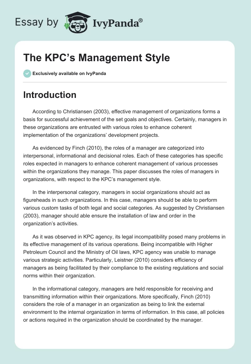 The KPC’s Management Style. Page 1