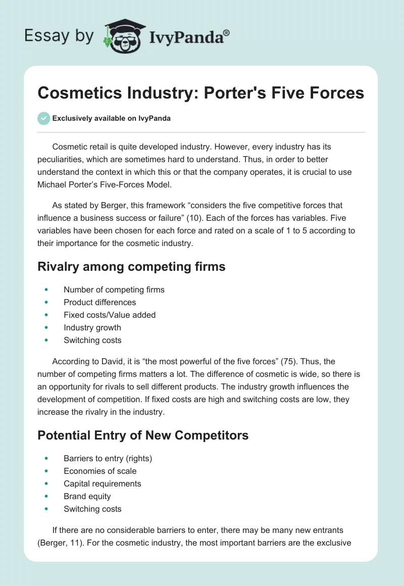 Cosmetic Industry Five Forces Analysis. Page 1