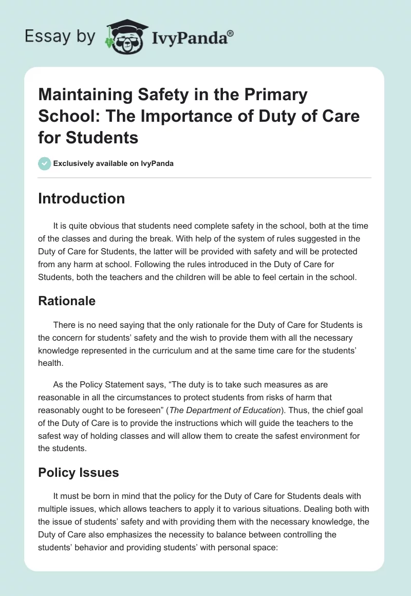 Maintaining Safety in the Primary School: The Importance of Duty of Care for Students. Page 1
