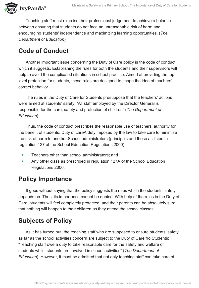 Maintaining Safety in the Primary School: The Importance of Duty of Care for Students. Page 2