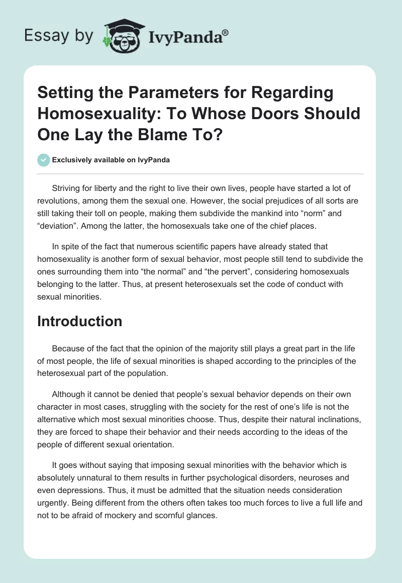 Setting the Parameters for Regarding Homosexuality: To Whose Doors Should One Lay the Blame To?. Page 1