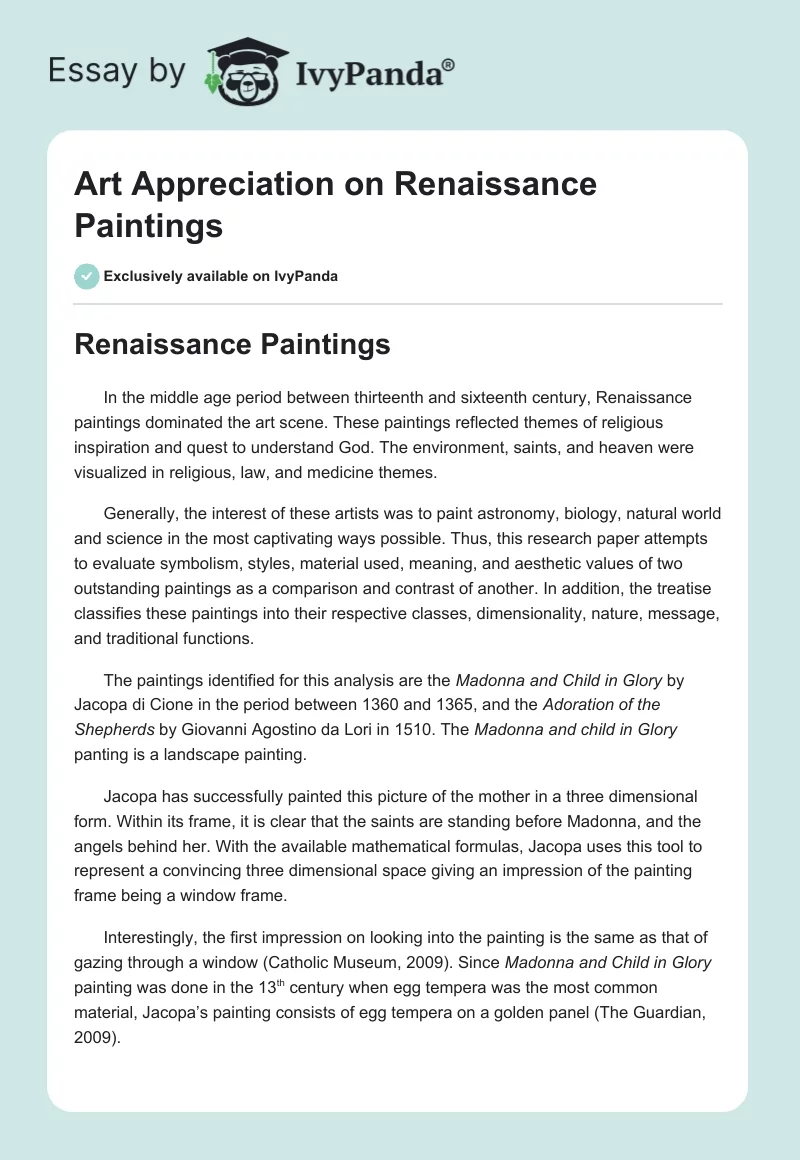 Art Appreciation on Renaissance Paintings. Page 1