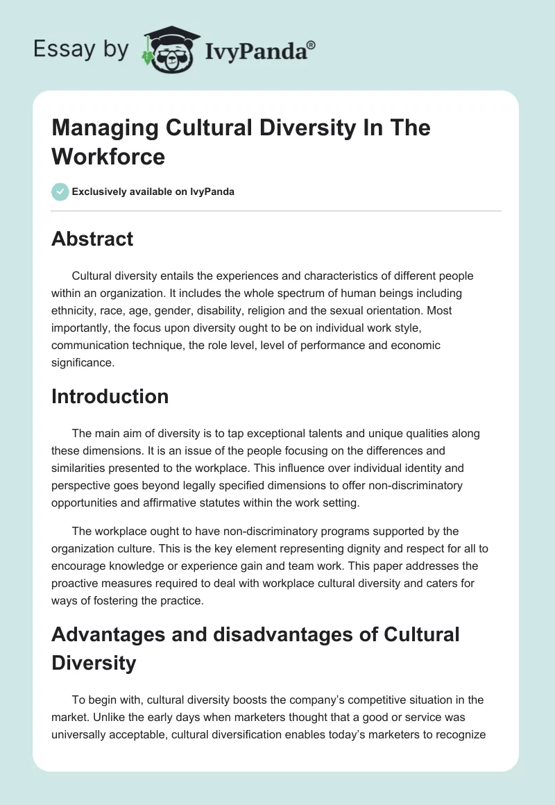 Managing Cultural Diversity in the Workforce. Page 1