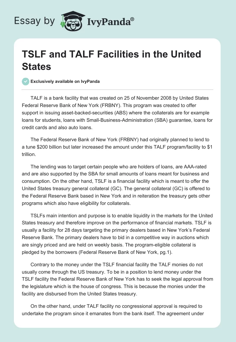TSLF and TALF Facilities in the United States. Page 1