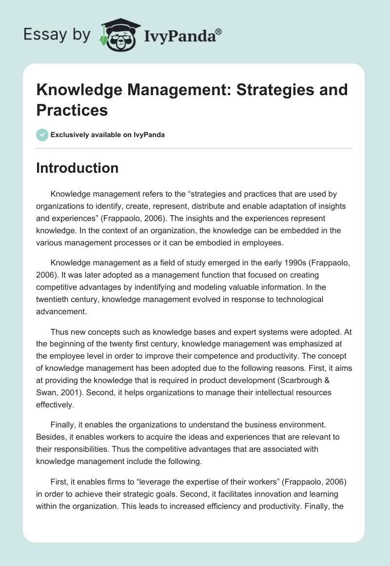 Knowledge Management: Strategies and Practices. Page 1