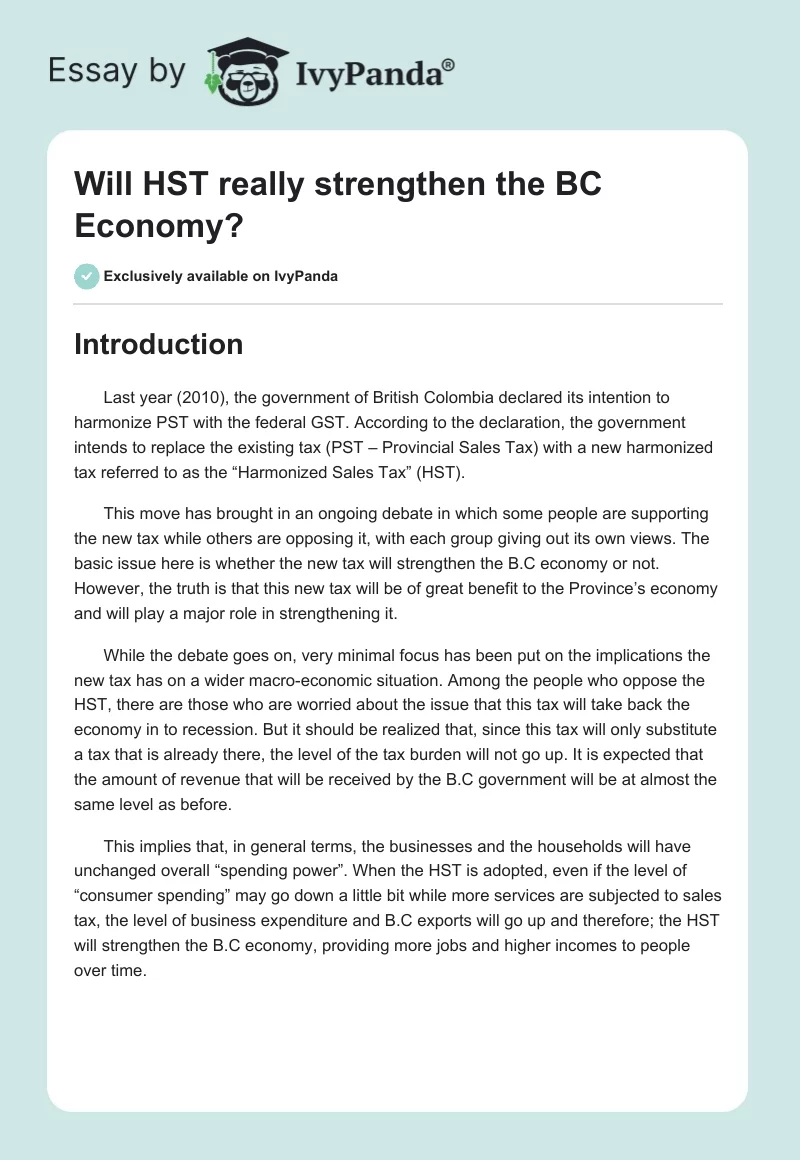 Will HST really strengthen the BC Economy?. Page 1