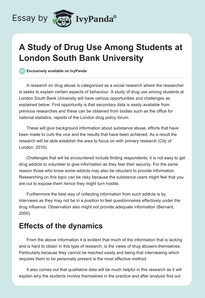 A Study of Drug Use Among Students at London South Bank University. Page 1