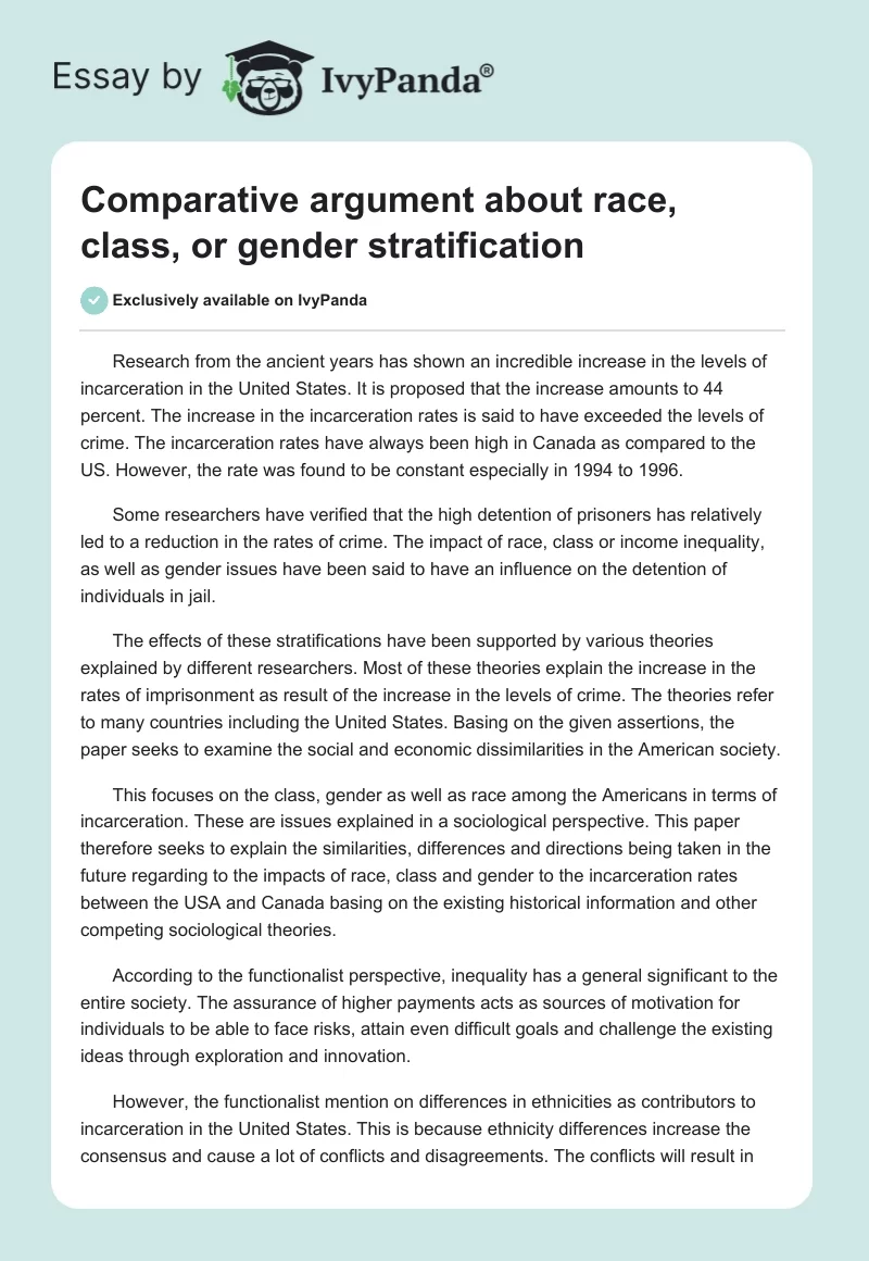Comparative argument about race, class, or gender stratification. Page 1