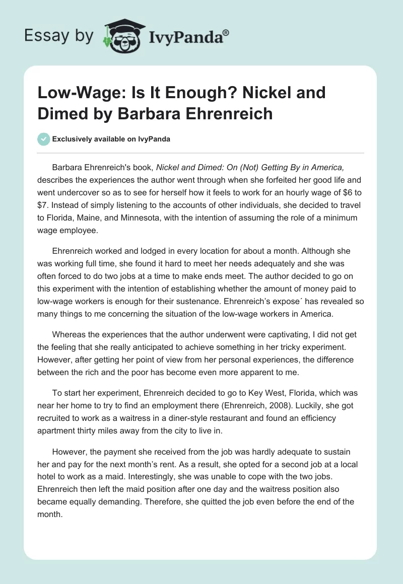 Low-Wage: Is It Enough? "Nickel and Dimed" by Barbara Ehrenreich. Page 1