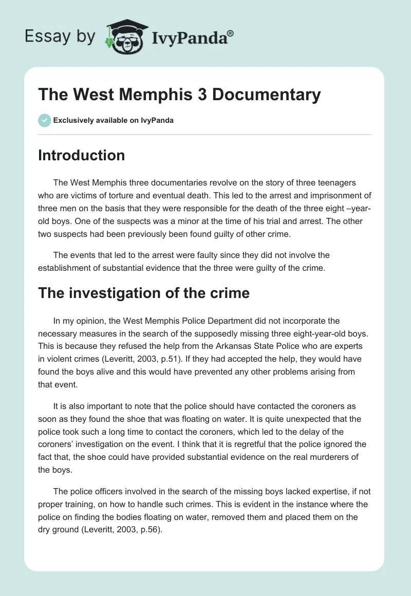 "The West Memphis 3" Documentary. Page 1