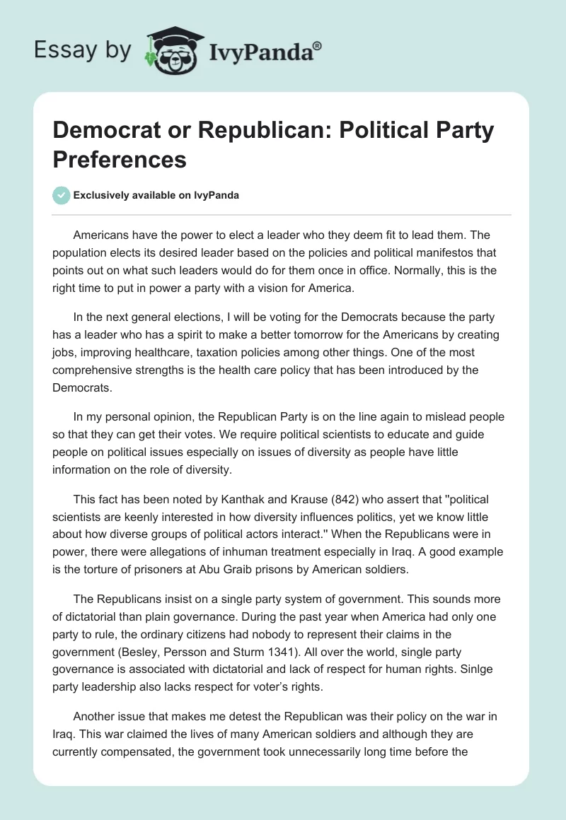 Democrat or Republican: Political Party Preferences. Page 1