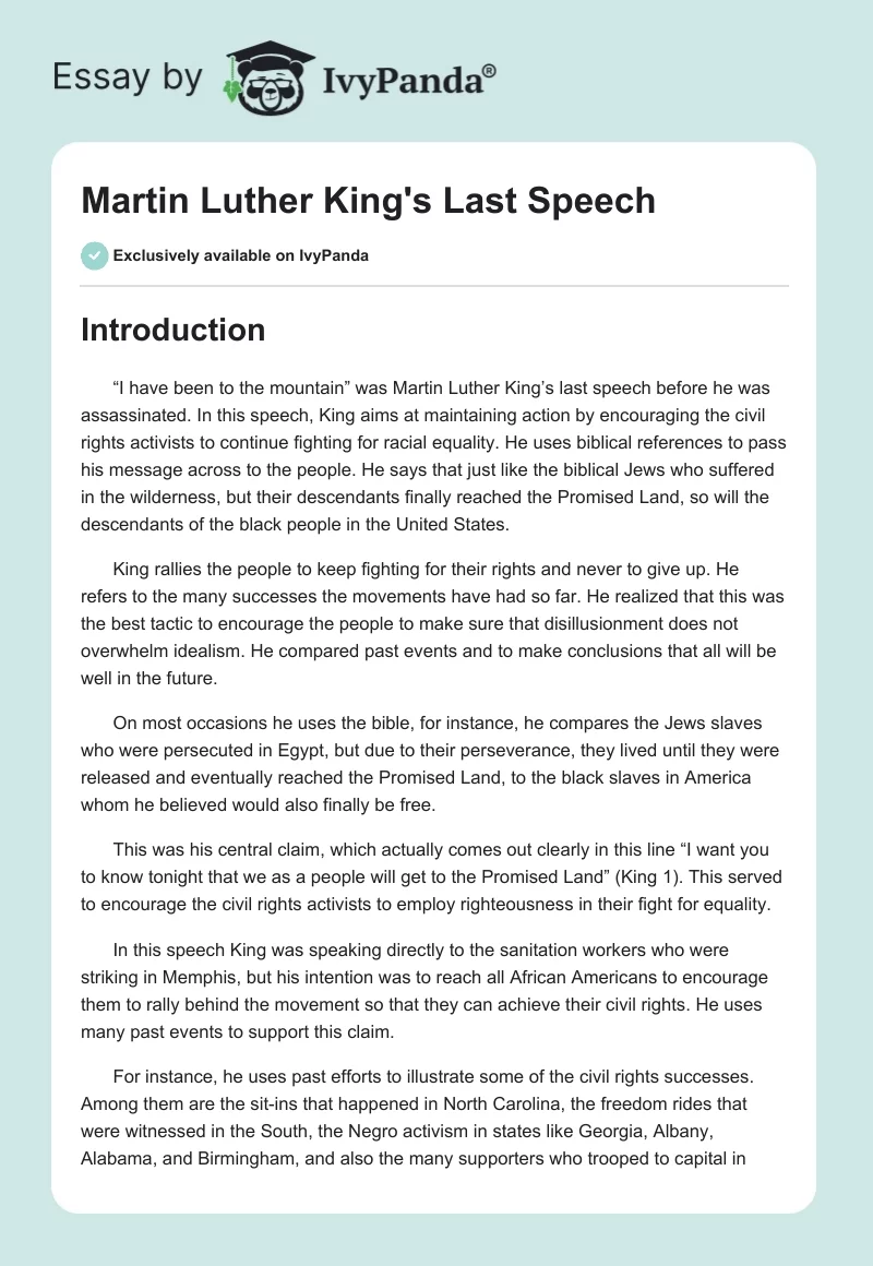 Martin Luther King's Last Speech. Page 1
