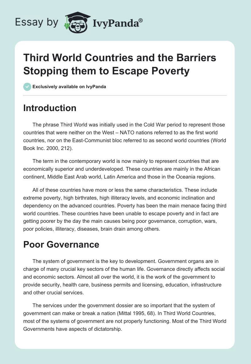 Third World Countries and the Barriers Stopping Them to Escape Poverty. Page 1