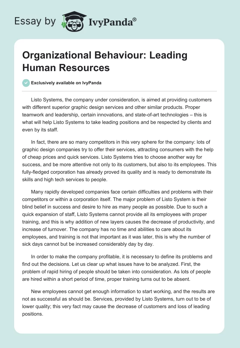 Organizational Behaviour: Leading Human Resources. Page 1