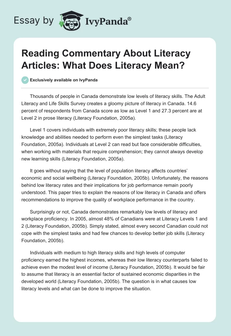 Reading Commentary About Literacy Articles: What Does Literacy Mean?. Page 1