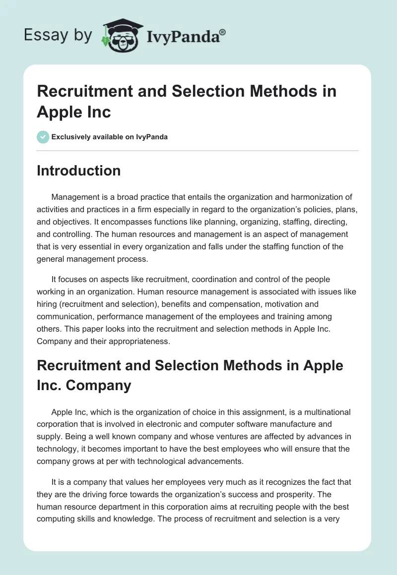 Recruitment and Selection Process of Apple Company. Page 1