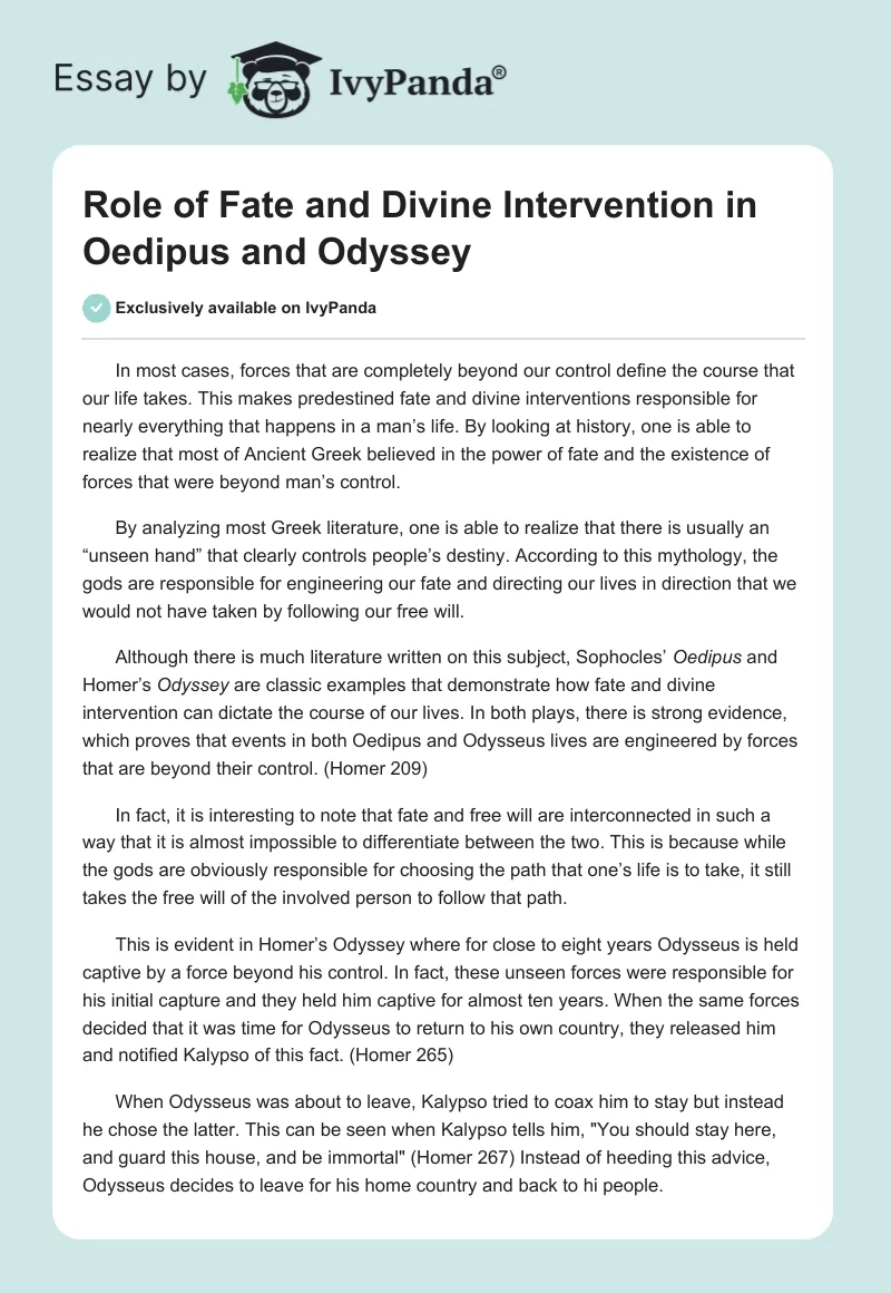 Role of Fate and Divine Intervention in Oedipus and The Odyssey. Page 1