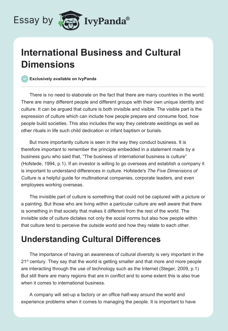 International Business and Cultural Dimensions. Page 1