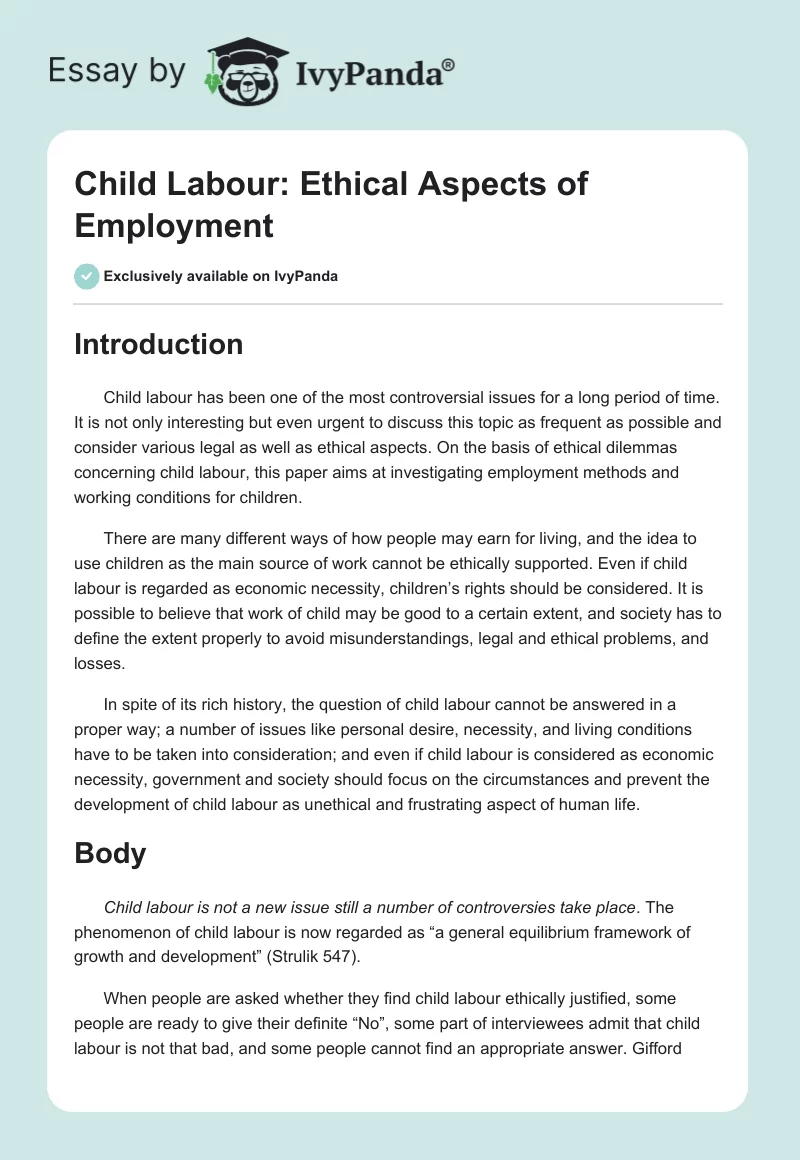 Child Labour: Ethical Aspects of Employment. Page 1